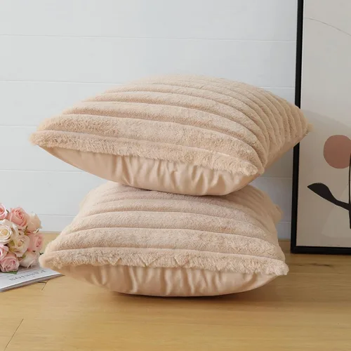 Miniatura 5 de Soleebee Juego de 2 fundas de cojines decorativos de terciopelo suave y acogedor, funda de piel sintética de conejo para sofá, cama, silla, Camel