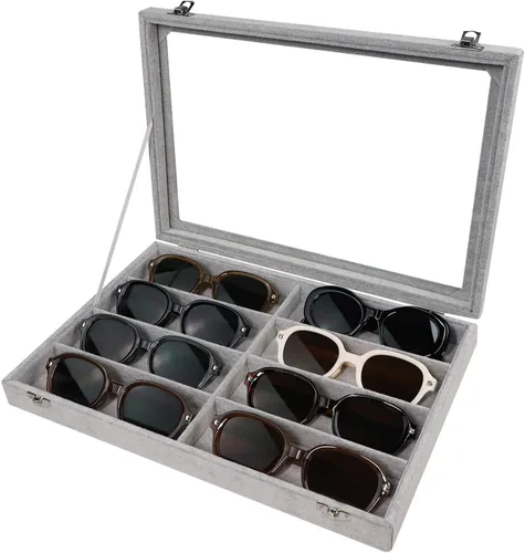 Wudygirl Organizador de joyas, organizador de lentes de sol, bandeja de terciopelo con 8 ranuras, estuche para lentes de sol con tapa, estuche para