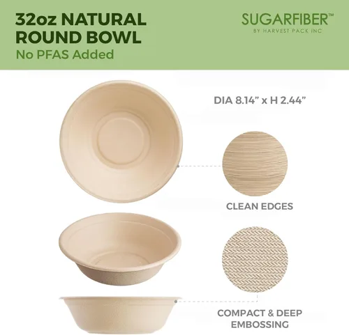 Miniatura 2 de [500 SET]Harvest Pack 32 oz Round Compostable Bowls with Flat Lids, Heavy-Duty Eco-Friendly Disposable Bagasse Paper Bowl for Meal Prep, Made of