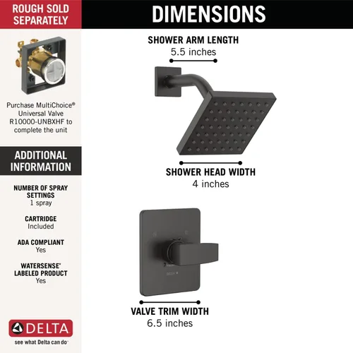 Miniatura 4 de Delta Modern 14 Series T14267-BL-PP - Juego de grifo de ducha serie 14, moderno, con cabezal y manija de ducha negro mate, kit de molduras