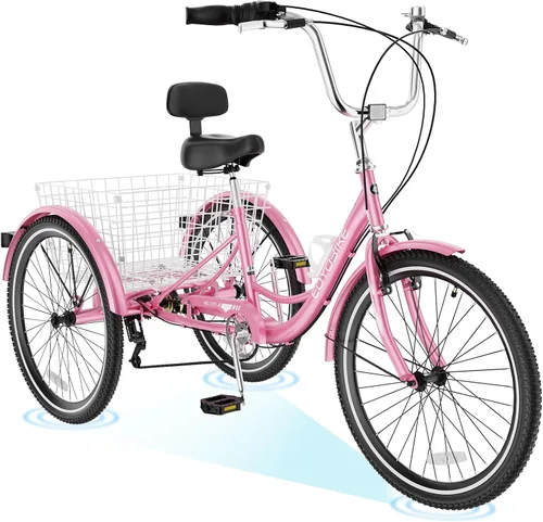 Miniatura 15 de H&ZT Triciclo para adultos, bicicleta de 3 ruedas, triciclo crucero, con cambio de 7 velocidades, manilla de freno de estacionamiento, paso bajo