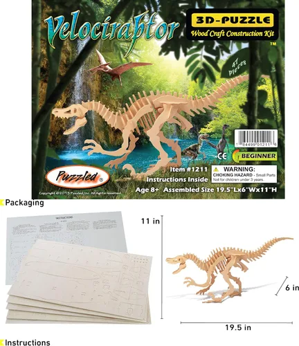 Miniatura 2 de Puzzled Rompecabezas 3D Velociraptor Dinosaurio Madera Kit de Construcción Divertido Único y Educativo DIY Juguete de Dino de Madera Montar
