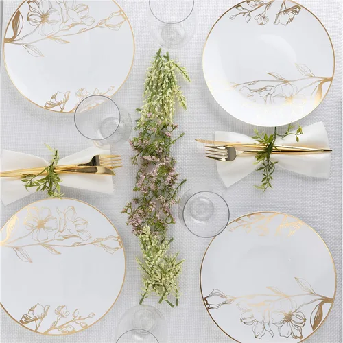 Miniatura 2 de PLASTICPRO Platos de plástico blanco con diseño floral con borde dorado, platos desechables elegantes y pesados de primera calidad