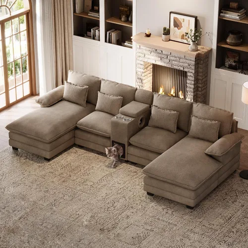 Miniatura 18 de Sofá nube en forma de U de 130 pulgadas con casa para gatos, sofá modular de gran tamaño para sala de estar, cómodo sofá grande de chenilla, juego