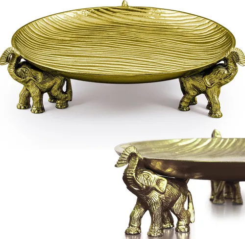 Bandeja decorativa redonda con soportes de elefante, oro antiguo - Bandeja para mesa de café, decoración del hogar, centro de mesa, fuente para