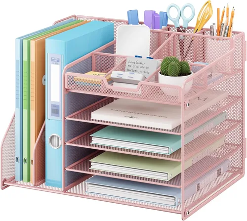 Miniatura 12 de Lavatino Organizador de escritorio, bandeja de papel de malla metálica de 5 niveles con 1 soporte para archivos y 7 divisores flexibles para Negro