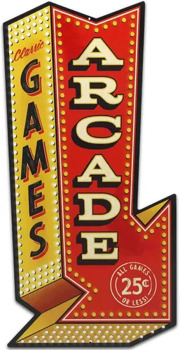 Arcade Games Arrow - Letrero de metal para sala de juegos o cueva de hombre rojo/dorado