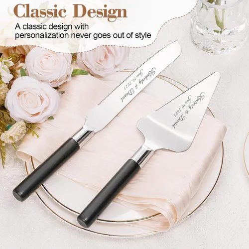 Miniatura 4 de Juego de corte de pasteles personalizado para bodas, cuchillos de pastel y servidor, grabado gratis, cortador de pastel de postre de madera Plateado
