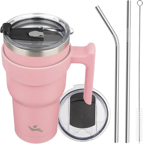 Miniatura 59 de Konokyo - Vaso de 10 onzas con asa y 2 popotes, 2 tapas, botella de agua aislada de acero inoxidable, taza de viaje reutilizable, color verde militar