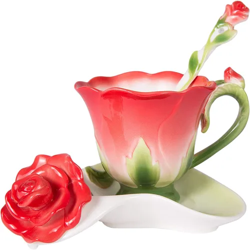 Miniatura 6 de ONEUSTAR Juego de taza de té rosa y platillo para 1 taza de café de cerámica hecha a mano con flores rosas para el día de la madre, Acción