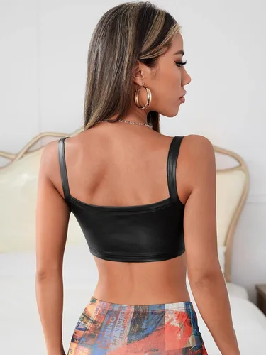 Miniatura 2 de MakeMeChic Camiseta corta sin mangas de piel sintética sintética para mujer
