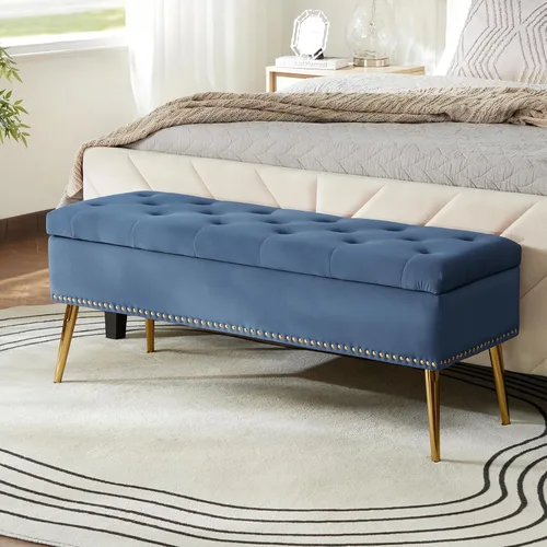 Miniatura 11 de HULALA HOME Moderno banco otomano de almacenamiento de terciopelo con base dorada y borde de cabeza de clavos, banco tapizado para dormitorio