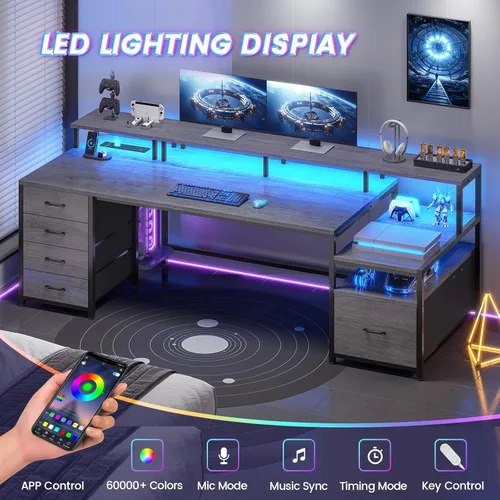 Miniatura 8 de SEDETA Escritorio para computadora de 75 pulgadas con 5 cajones, toma de corriente y luces LED, escritorio de oficina en casa con cajón de archivos