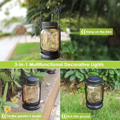 Miniatura 6 de Mlambert Paquete de 4 linternas colgantes solares con estacas, luces de cuerda de hadas solares impermeables para exteriores en frasco Mason, Blanco