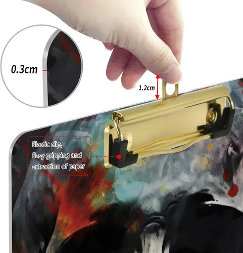 Miniatura 4 de Vnurnrn Portapapeles de plástico de calaveras coloridas con gancho tamaño A4 12.5 X 9 pulgadas clip de plata para dibujo oficina