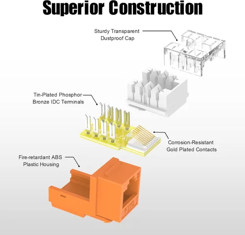 Miniatura 6 de VCE Conector Keystone Cat6 RJ45 con certificación UL, paquete de 25, adaptador de conector Keystone de presión de 90 grados, perfil delgado, naranja