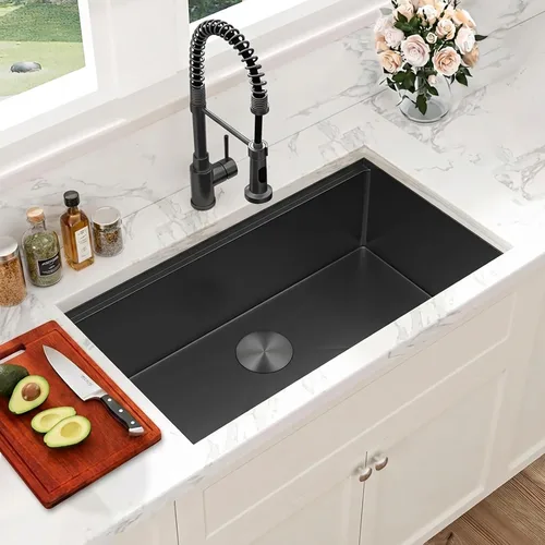 Miniatura 13 de Fregadero de cocina de 33 x 22 pulgadas, color negro, 33 pulgadas de montaje superior, fregadero de cocina de acero inoxidable calibre 16, estación