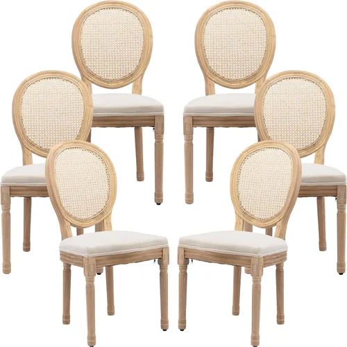 Miniatura 18 de Juego de 2 sillas de comedor de campo francés, sillas de comedor de madera de granja beige, silla de comedor con respaldo tejido con cojín tapizado