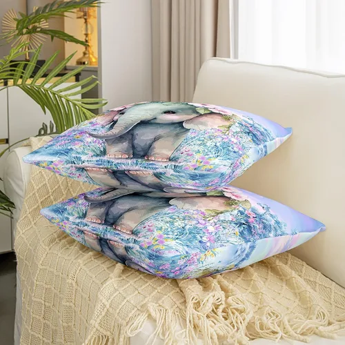 Miniatura 3 de Castle Fairy Juego de 2 fundas de almohada Kawaii con diseño de elefante, diseño de animales salvajes y flores rosas en acuarela, 16 x 16 pulgadas