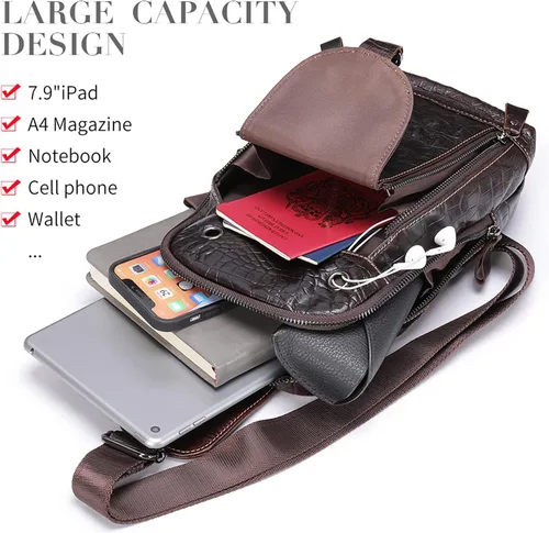 Miniatura 5 de QAZWSXE Bolso cruzado de cuero para hombre, bolso bandolera de hombro, bolsas casuales para el pecho, para viajes, senderismo, mochilas, 11 - café