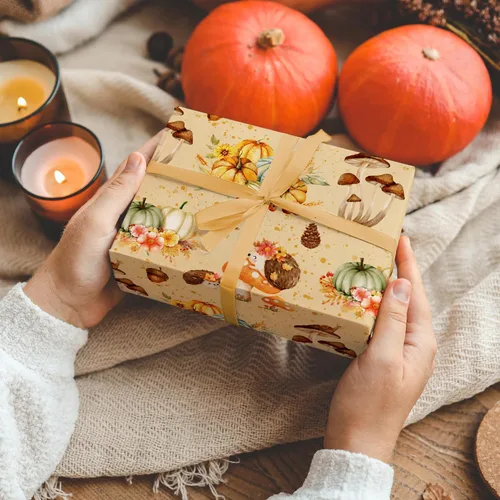 Miniatura 3 de SaringSwoon Papel de Regalo de Otoño para Niños y Adultos - Papel de Regalo de Bosque con Diseño de Erizo, Calabaza y Hongos para Otoño, Cumpleaños