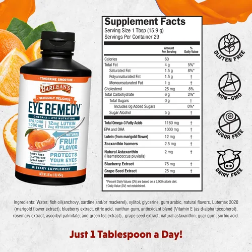 Miniatura 2 de Barlean's Omega 3 Eye Remedy Suplemento líquido de aceite de pescado con luteína, astaxantina y zeaxantina, 1000 mg de ácidos grasos EPA y DHA