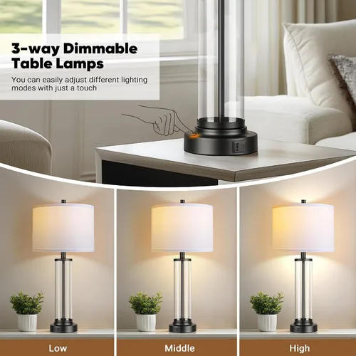 Miniatura 2 de QiMH Juego de 2 lámparas de mesa con control táctil con puertos USB, lámpara de noche regulable de 3 vías para sala de estar, dormitorio, casa