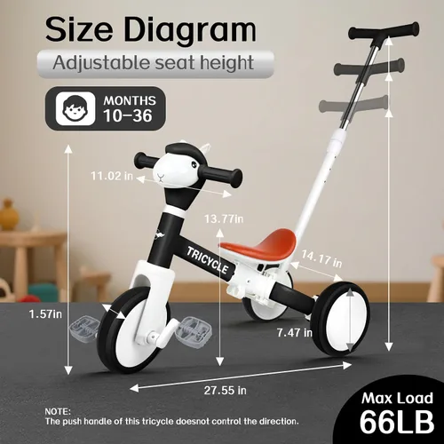 Miniatura 7 de Triciclo para niños pequeños de 1 a 3 años, bicicleta de equilibrio 5 en 1 para niños de 2 a 4 años, juguetes de triciclo de empuje con mango