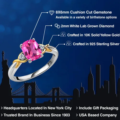 Miniatura 81 de Gem Stone King Anillo de compromiso de 3 piedras preciosas de plata 925 y oro amarillo de 10 quilates de 0.315 x 0.236 in de talla cojín y diamante