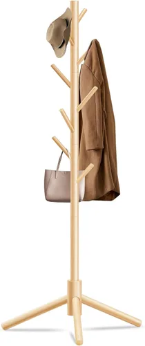 Miniatura 9 de Unisakey Perchero de madera duradero, perchero independiente con base triangular estable, 8 ganchos y 3 alturas ajustables, montaje simple para Negro