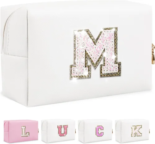 Miniatura 18 de Bolsa de maquillaje con parche de letra inicial personalizada, bolsa de cosméticos de chenilla preppy con letra de chenilla con cremallera, Y