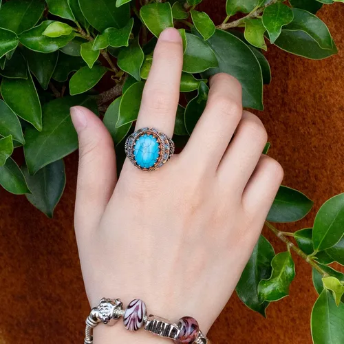 Miniatura 2 de AROTOROM Retro Turquoise Ring for Men in 925 Sterling Silver Oval Sky Blue Stone Ring Life Track Significance Turkish Handmade Engraved Silver Ring