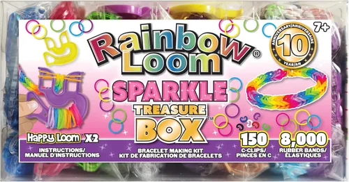 Rainbow Loom® Treasure Box Sparkle Edition, 8,000 bandas de goma en 8 colores brillantes diferentes, y un bono de 2 telares felices, grandes