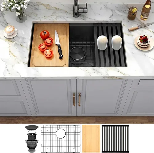 Miniatura 18 de Fregadero de cocina de 33 x 22 pulgadas, color negro, 33 pulgadas de montaje superior, fregadero de cocina de acero inoxidable calibre 16, estación