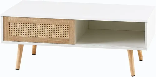 Miniatura 8 de IANIYA Mesa de centro con almacenamiento oculto, mesa central rectangular de 41.3 pulgadas con puerta tejida de ratán y patas de madera maciza