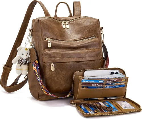 Miniatura 15 de Soperwillton Bolso de mochila para mujer. Bolsos de mano con diseño multiusos. Bolsa de hombro de cuero sintético. Bolsa de viaje. Juego de 2