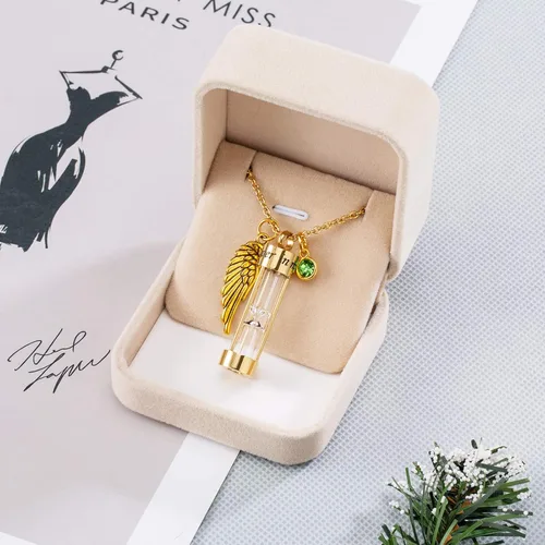 Miniatura 24 de PREKIAR Collar de urna de cremación para cenizas en forma de reloj de arena con dije de recuerdo 12 piedras de nacimiento y un ala de ángel
