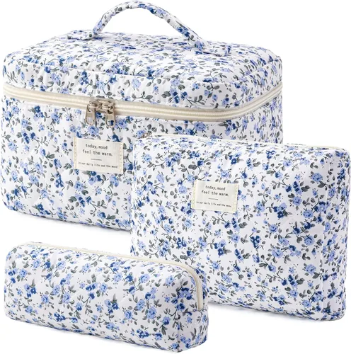 Miniatura 38 de HBselect Bolsa de maquillaje acolchada, 3 piezas de algodón grande, bolsa de maquillaje de viaje, bonita bolsa de maquillaje floral de coqueta