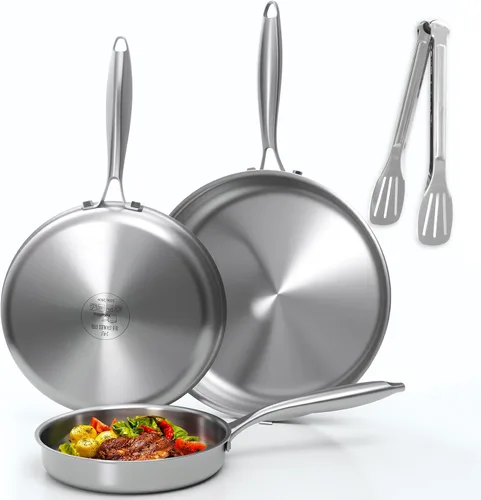 Juego de sartenes de acero inoxidable de tres capas de 8 pulgadas, 10 pulgadas, 12 pulgadas, sartén grande para utensilios de cocina de chef, apto