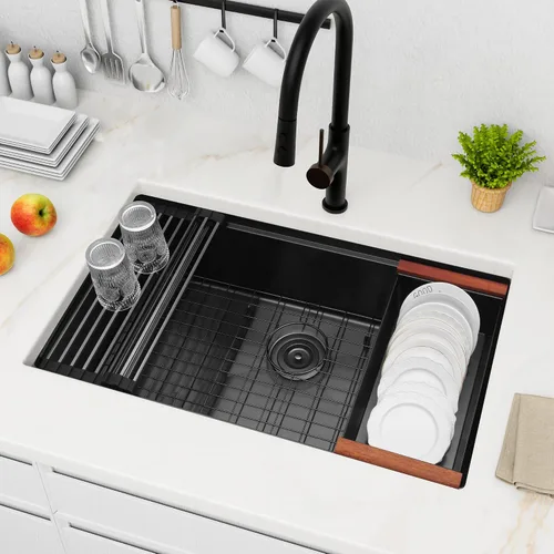 Miniatura 8 de LQS Fregadero de Cocina Empotrado Negro, Fregadero de Estación de Trabajo de Cocina Empotrado de 32 Pulgadas con Línea de Drenaje en Forma de X