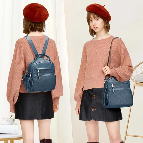 Miniatura 3 de ALTOSY Mochila de cuero genuino para mujer, pequeña mochila convertible bolso para damas, bolso de hombro 4 en 1 para llevar, azul, (Linen Blue)