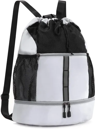 Valleycomfy Mochila deportiva con cordón y compartimento para zapatos y tiras reflectantes, color blanco