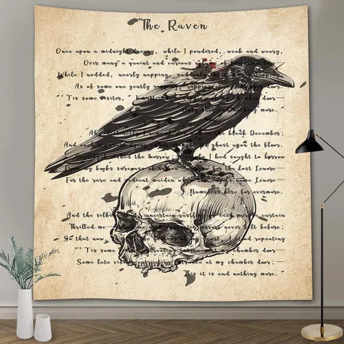 Miniatura 12 de FEASRT Tapiz gótico de calavera y cuervo, tapiz de pared The Raven Edgar Allan Poe, póster rústico de 51 x 60 pulgadas para sala de estar