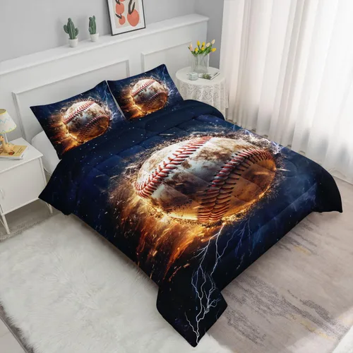 Miniatura 2 de Datura home - Juego de edredón para niños con estampado de béisbol en llamas, juego de ropa de cama con patrón impreso de béisbol con 1 edredón y 2