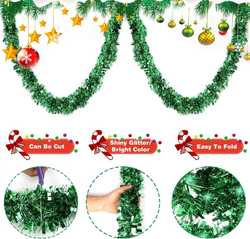 Miniatura 3 de VESPRO Guirnalda metálica verde para árbol de Navidad de 59 pies con purpurina para decoración de interiores y exteriores