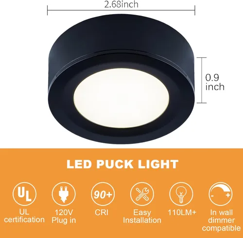 Miniatura 3 de LUMILAND Luces LED de disco con cable de 120 V (2.7Wx3) Plug-in iluminación blanco cálido, luz LED para gabinete para cocina, puede ser montaje
