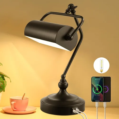 CONCA Lámpara de escritorio y de piano ajustable LED con toque clásico antiguo y protección ocular - Negro (bombilla incluida)