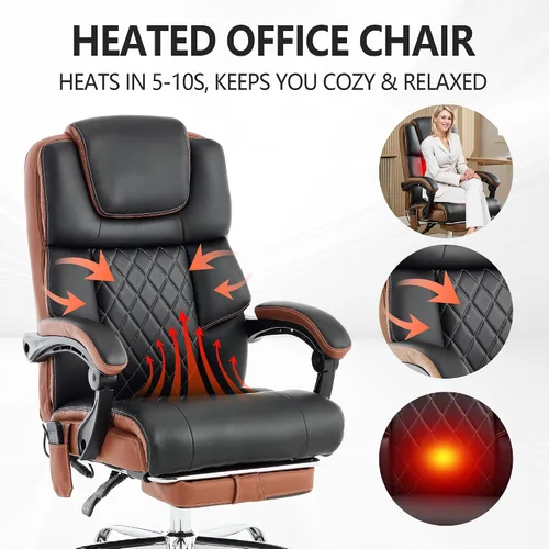 Miniatura 6 de Silla de oficina de masaje de 6 puntos, 500 libras con reposapiés, silla de escritorio reclinable de cuero con calor por vibración, sillas Negro