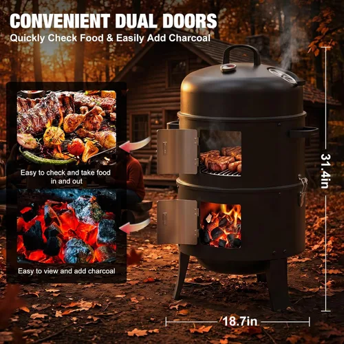 Miniatura 6 de Ahumador de carbón de 16", Parrilla de barbacoa vertical resistente 3 en 1, Fogata al aire libre con área de cocción de 402 pulgadas cuadradas