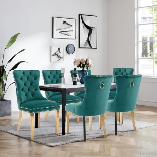 Miniatura 108 de Juego de 4 Sillas de Comedor de Terciopelo Tapizadas con Capitoné, Sillas Laterales de Cocina con Ribete de Tachuelas y Patas Chapadas en Oro